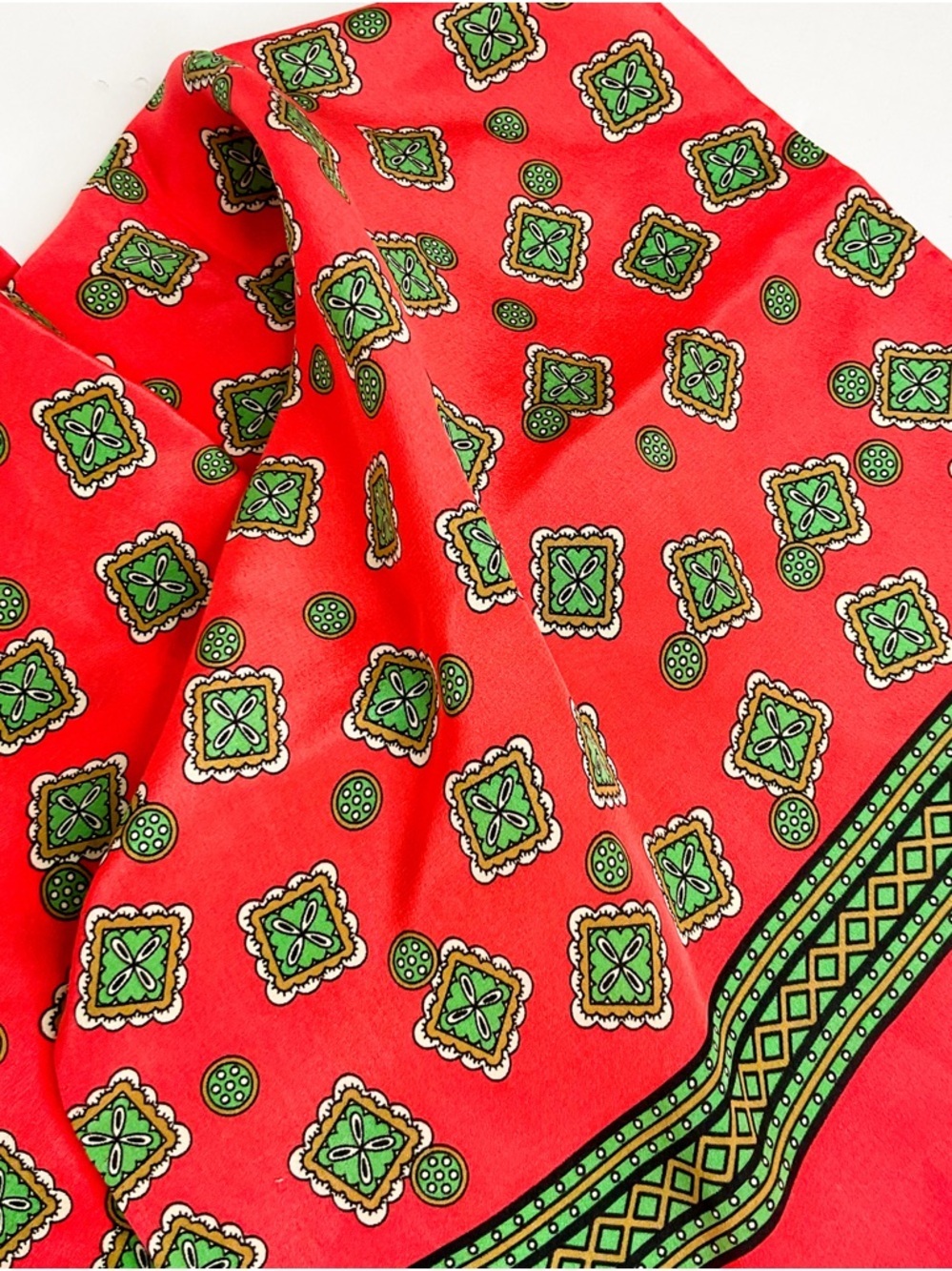 Polo Ralph Lauren Red Silk Scarf Green Geometric - Picture 3 of 5